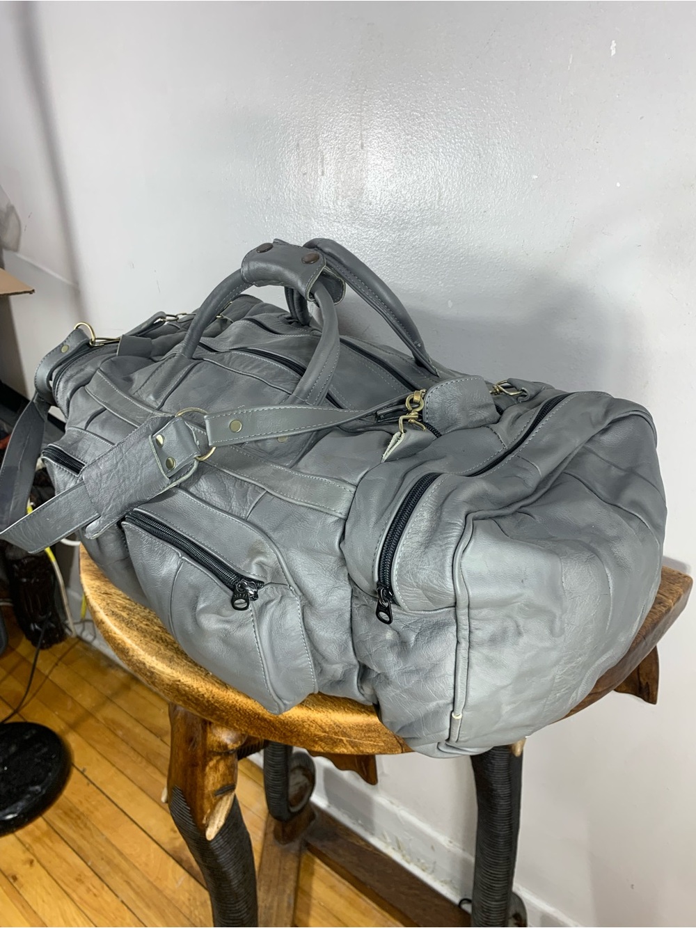 Vintage gray leather weekender travel sports duffel bag  carry on multi pocket